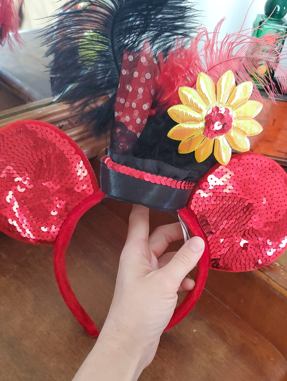 Disney Red Sequin Mouse Ear Headband with Yellow Flower and Black Feathers
